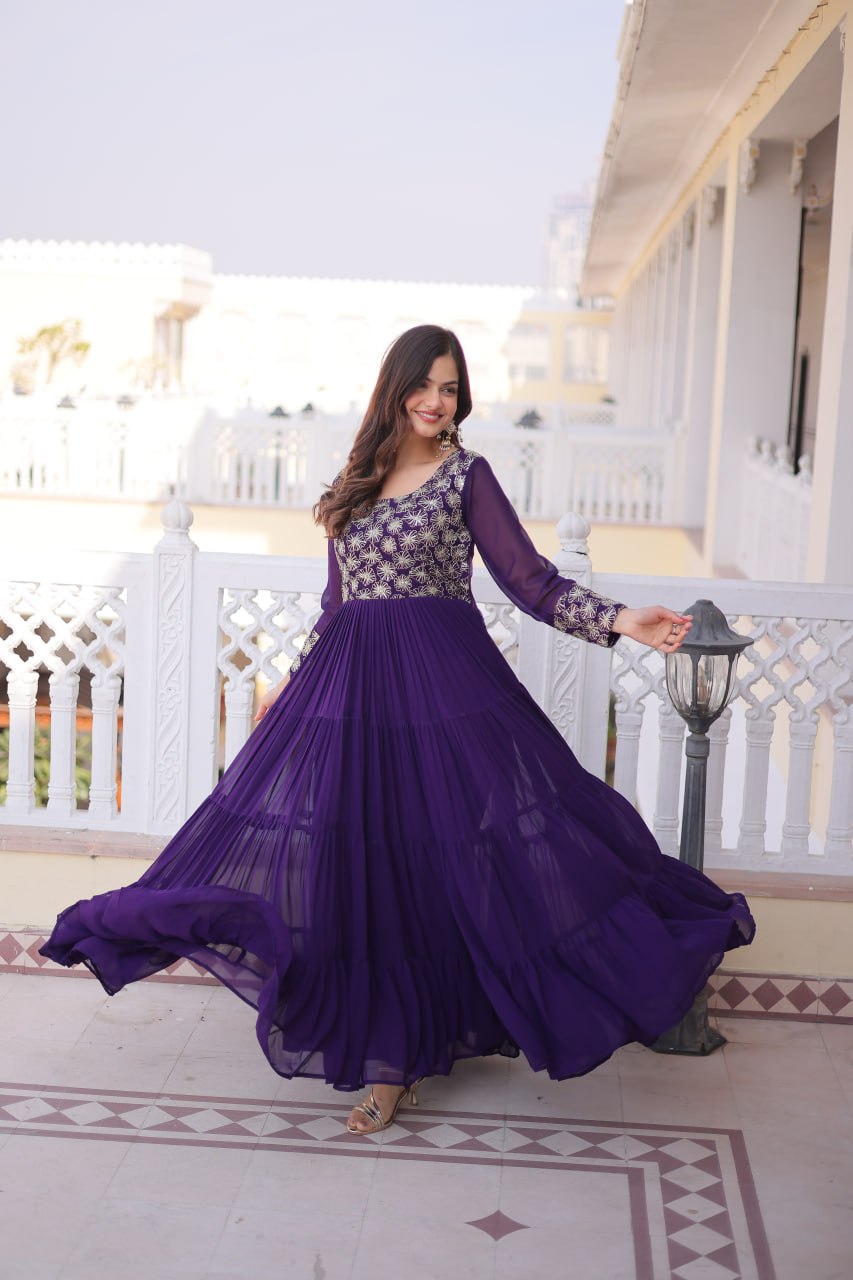 Faux  Georgette Gown with 12 Meter Flair & Sequins Zari Embroidery