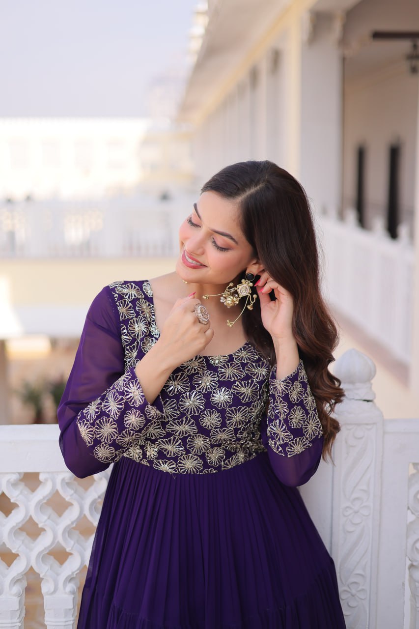 Faux  Georgette Gown with 12 Meter Flair & Sequins Zari Embroidery