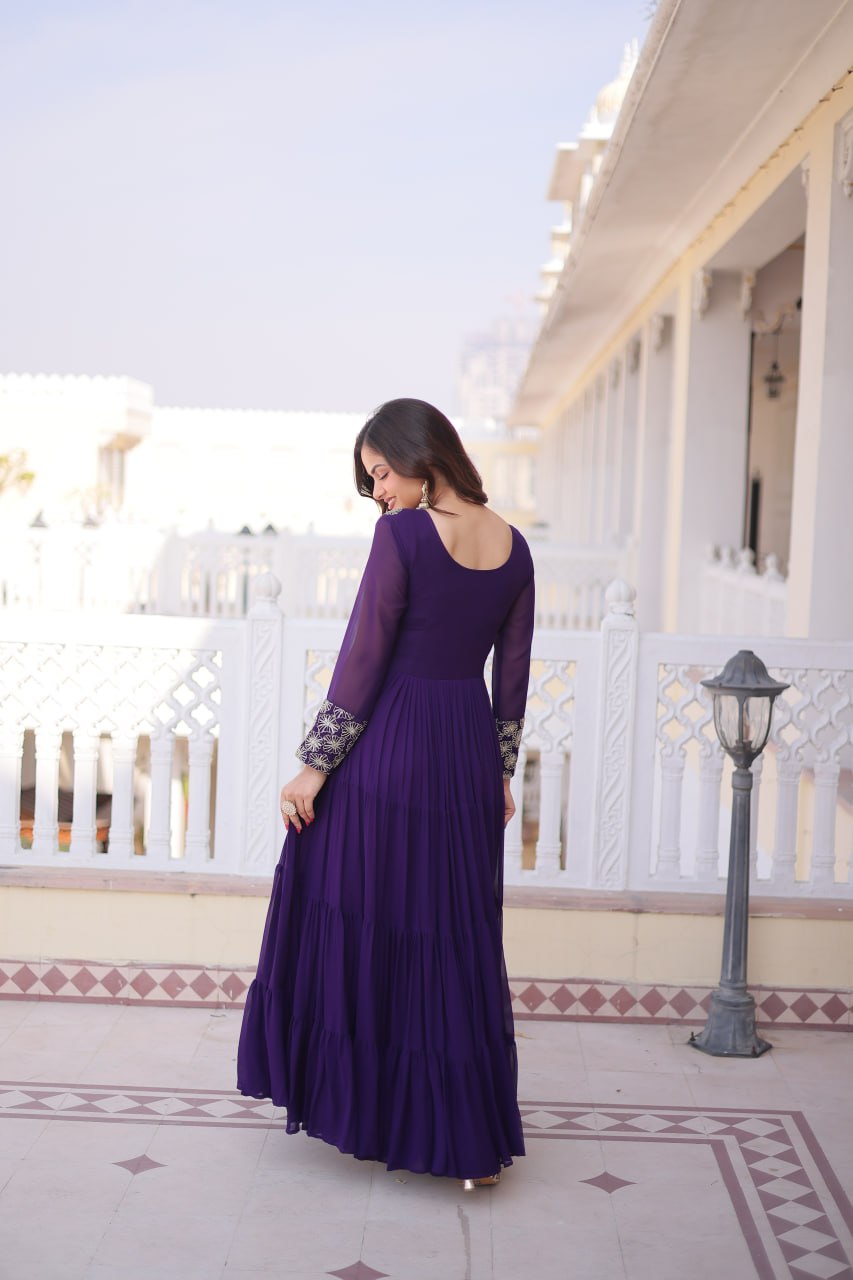 Faux  Georgette Gown with 12 Meter Flair & Sequins Zari Embroidery