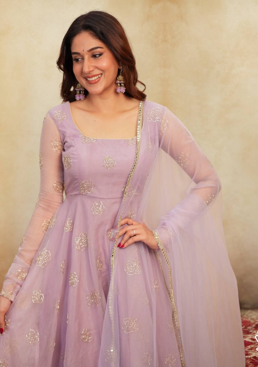 Soft Semi Viscose Sequins Work Gown with Dupatta – Fully Stitched Designer Party Wear