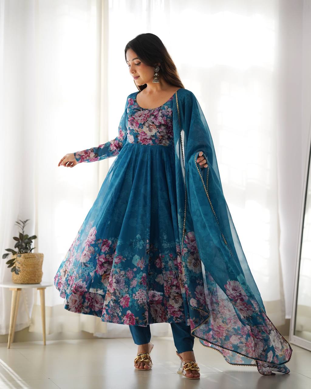 Soft Organza Silk Anarkali Gown Set with Gota Patti Dupatta & Pant