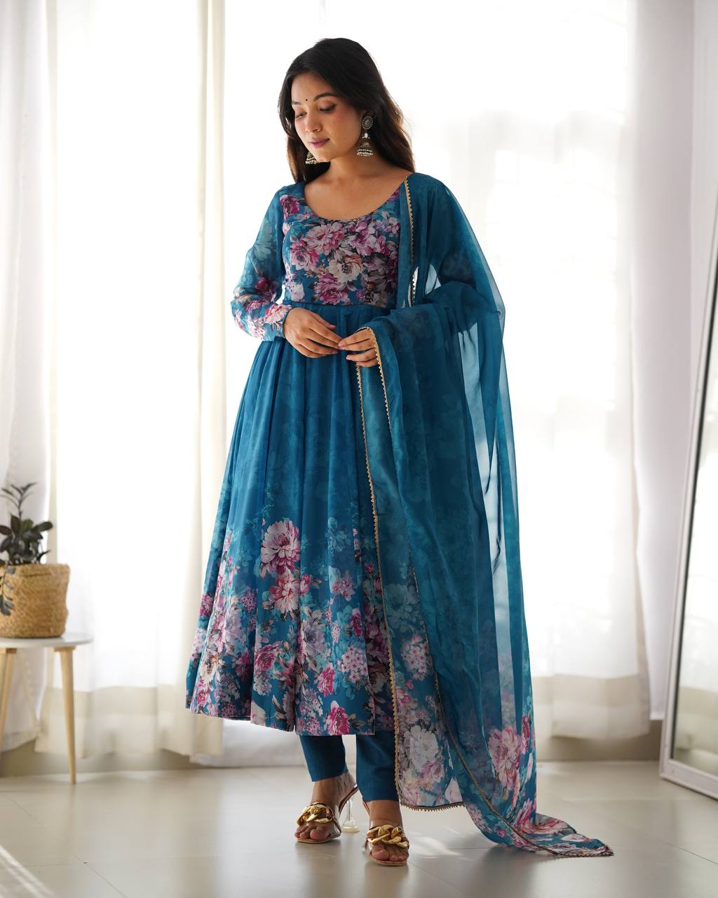 Soft Organza Silk Anarkali Gown Set with Gota Patti Dupatta & Pant
