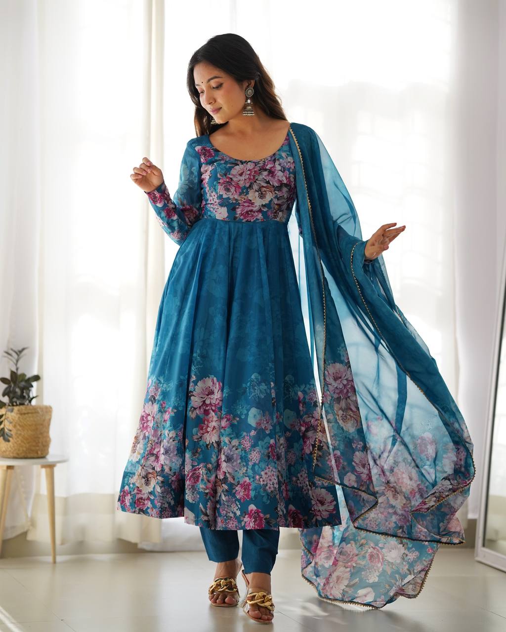 Soft Organza Silk Anarkali Gown Set with Gota Patti Dupatta & Pant