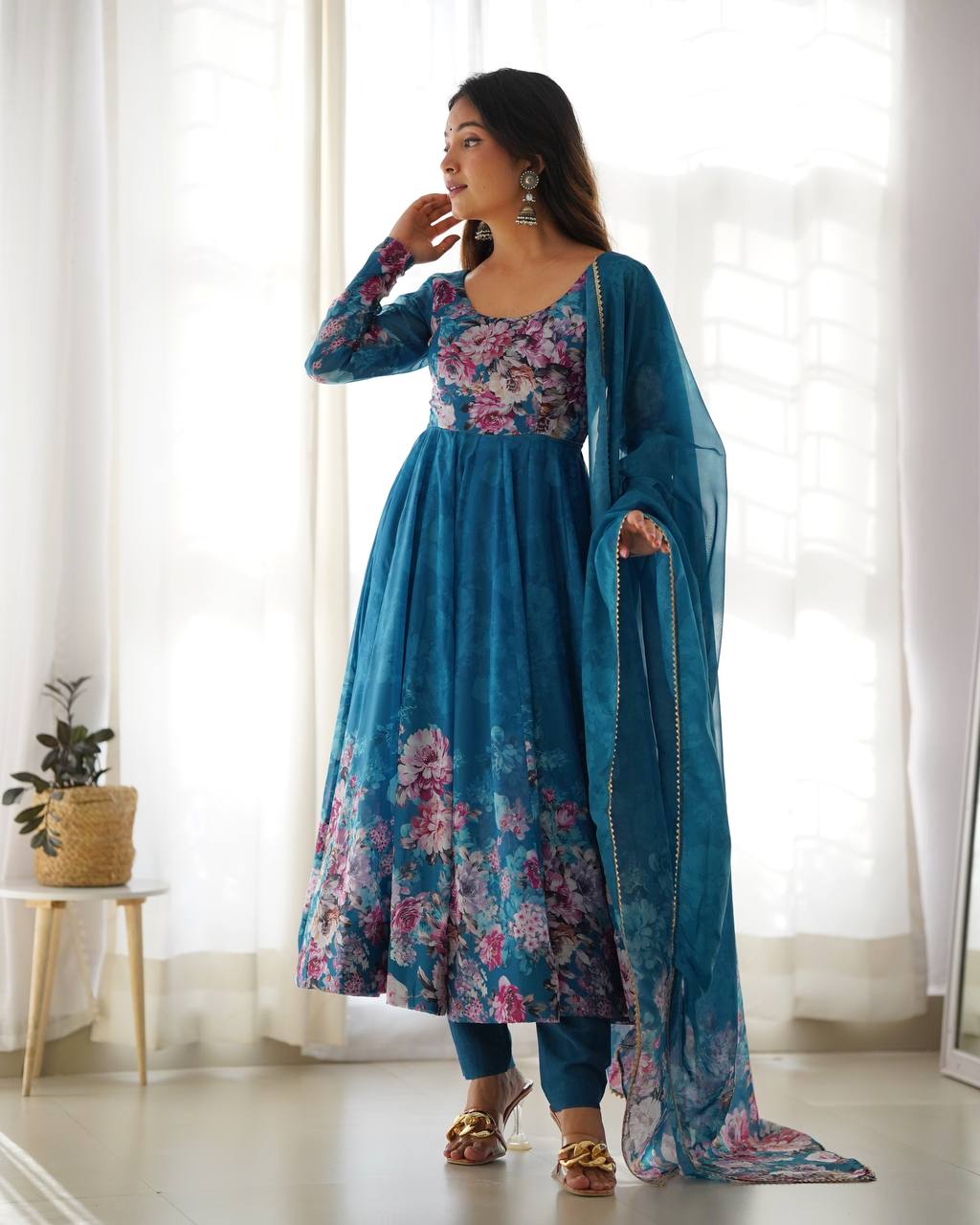Soft Organza Silk Anarkali Gown Set with Gota Patti Dupatta & Pant