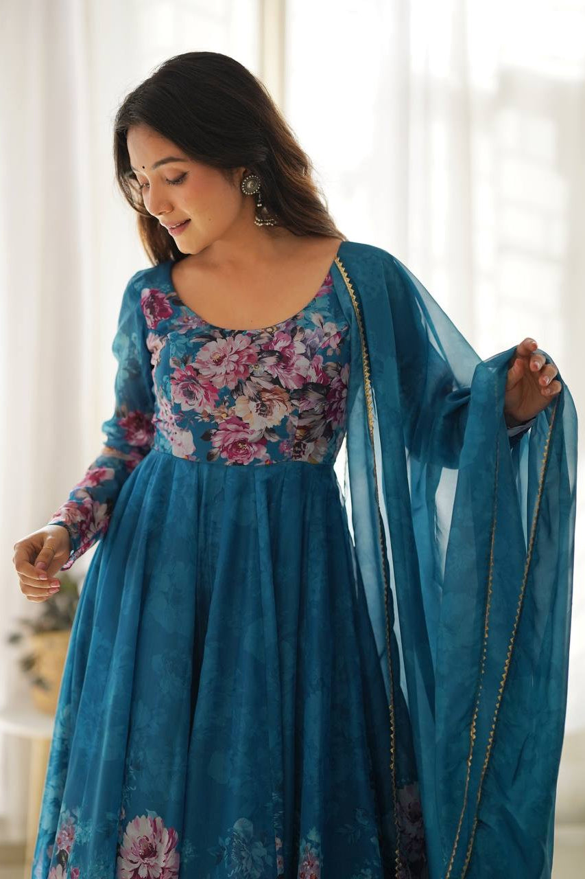 Soft Organza Silk Anarkali Gown Set with Gota Patti Dupatta & Pant