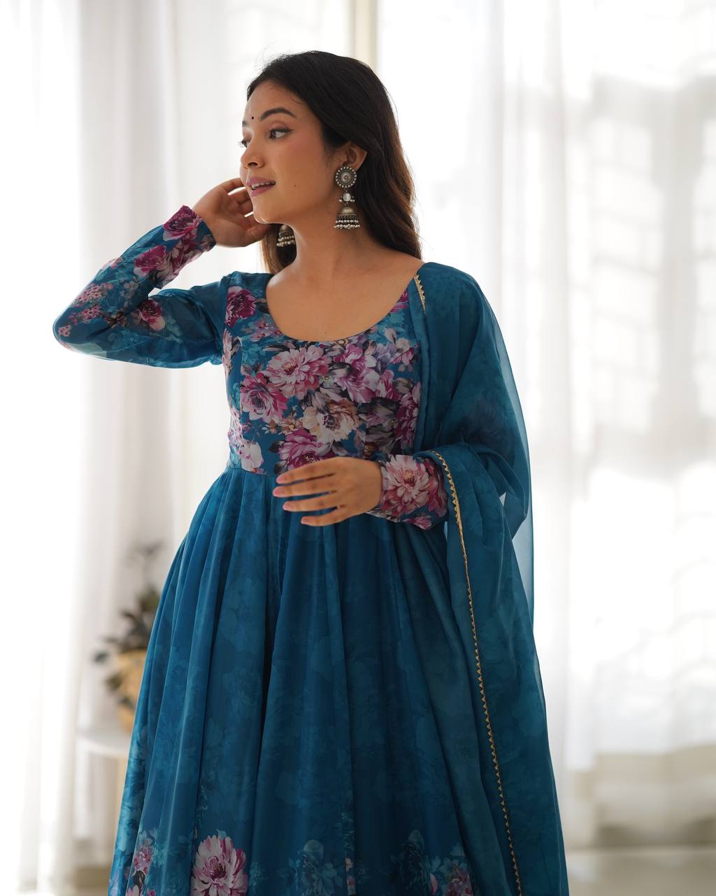 Soft Organza Silk Anarkali Gown Set with Gota Patti Dupatta & Pant