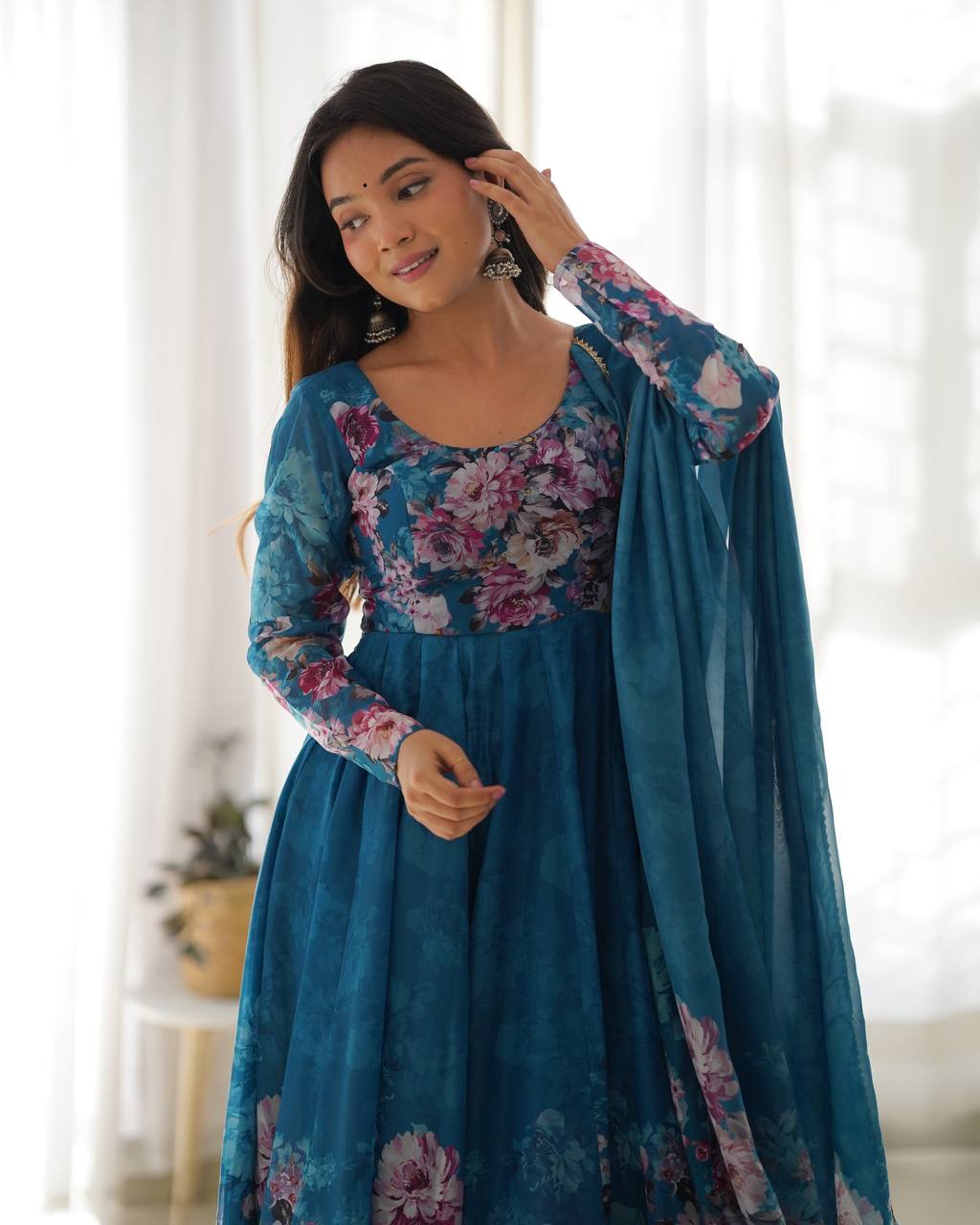 Soft Organza Silk Anarkali Gown Set with Gota Patti Dupatta & Pant