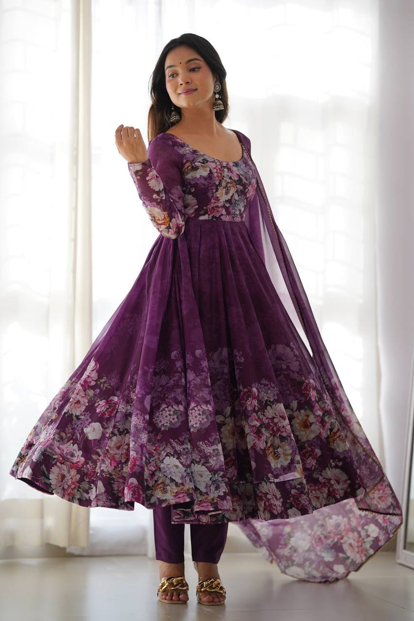 Soft Organza Silk Anarkali Gown Set with Gota Patti Dupatta & Pant