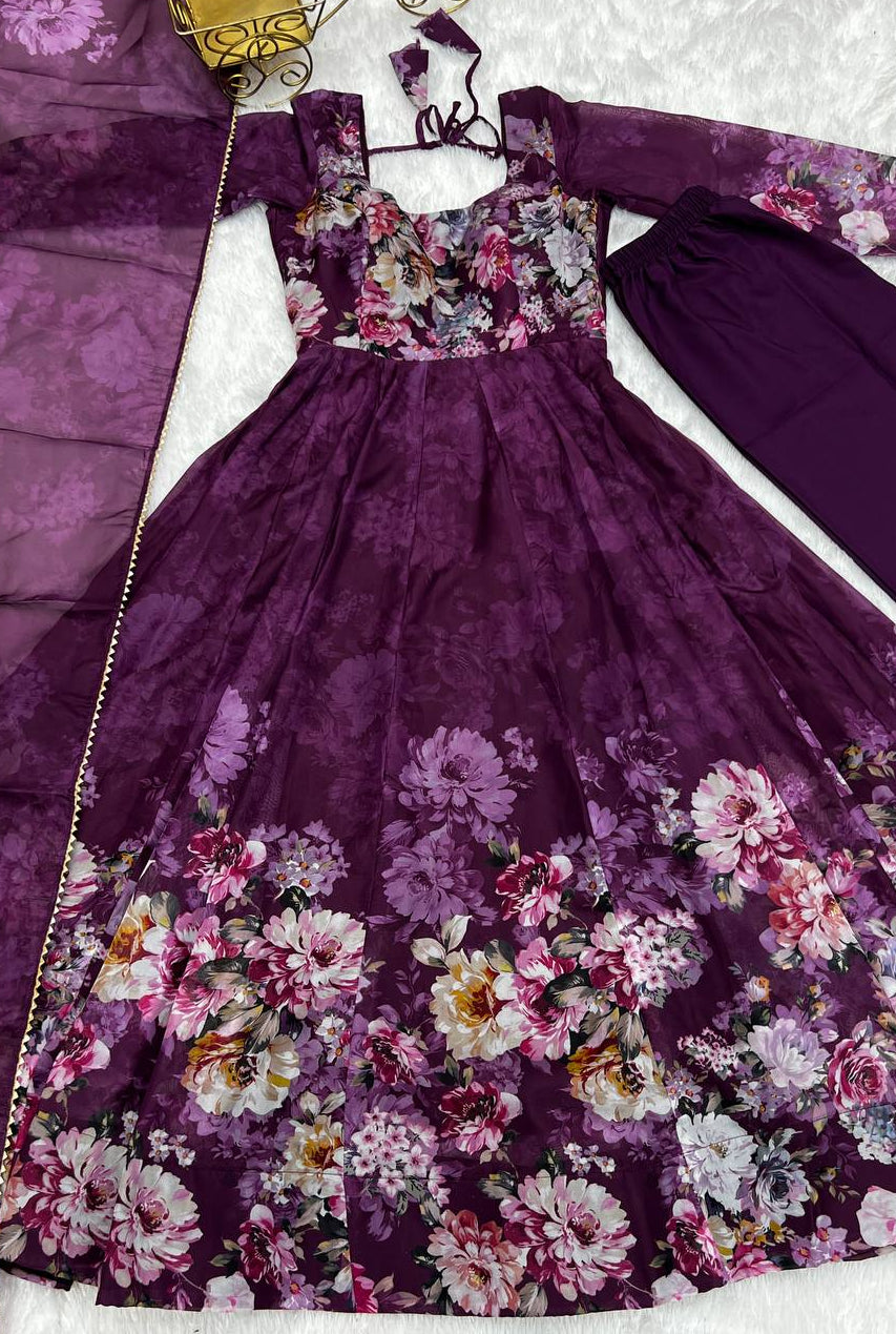 Soft Organza Silk Anarkali Gown Set with Gota Patti Dupatta & Pant