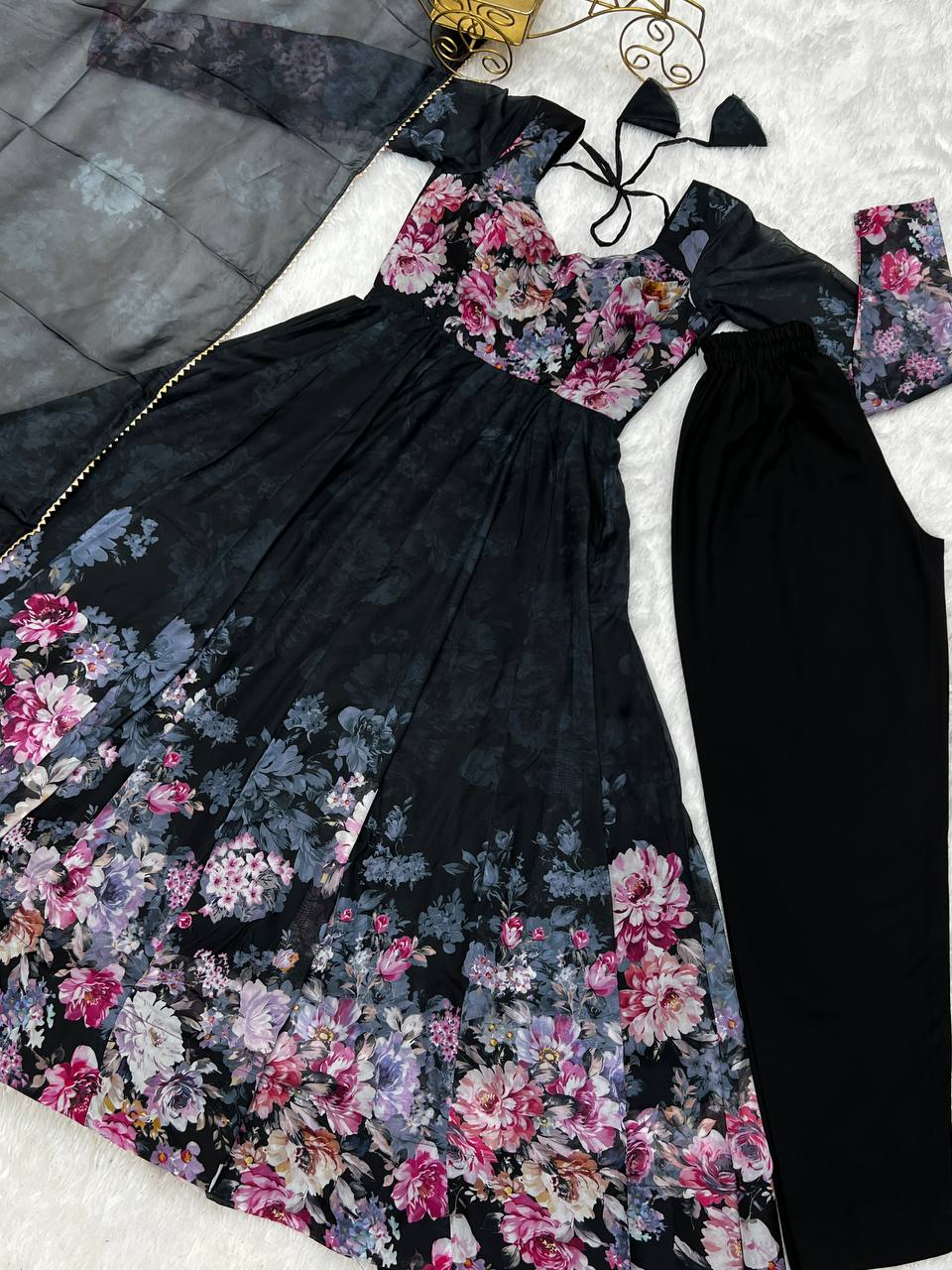 Soft Organza Silk Anarkali Gown Set with Gota Patti Dupatta & Pant
