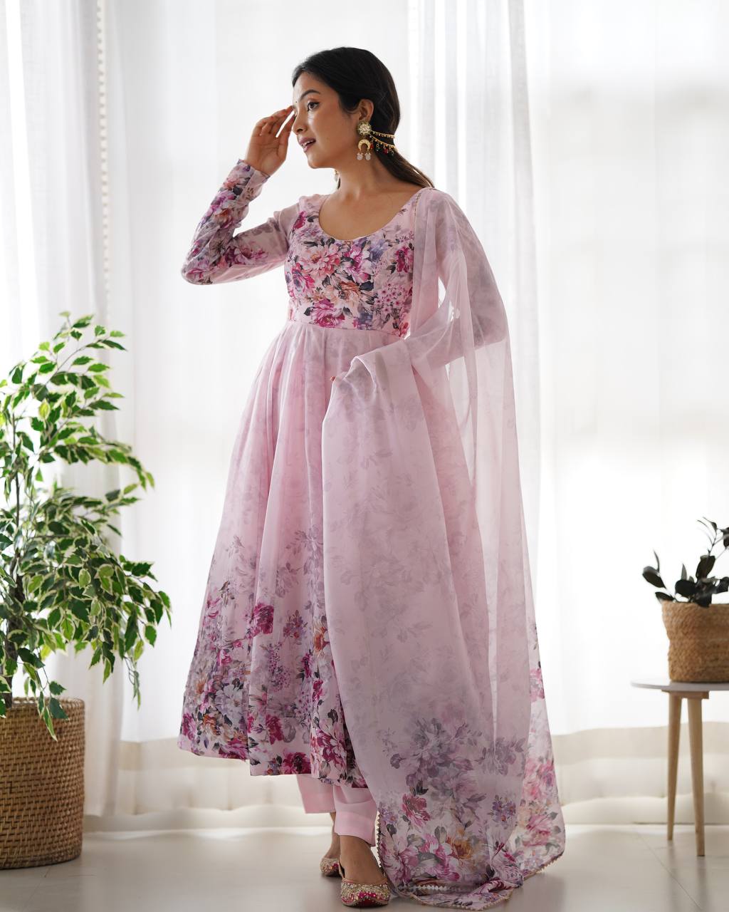 Soft Organza Silk Anarkali Gown Set with Gota Patti Dupatta & Pant