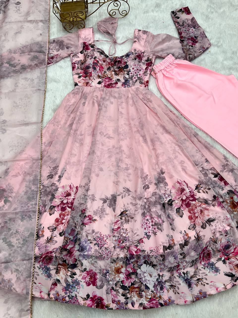 Soft Organza Silk Anarkali Gown Set with Gota Patti Dupatta & Pant