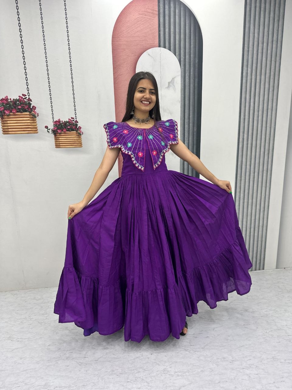 Designer Roman Fabric Gown with Heavy Embroidery & Khatli Work