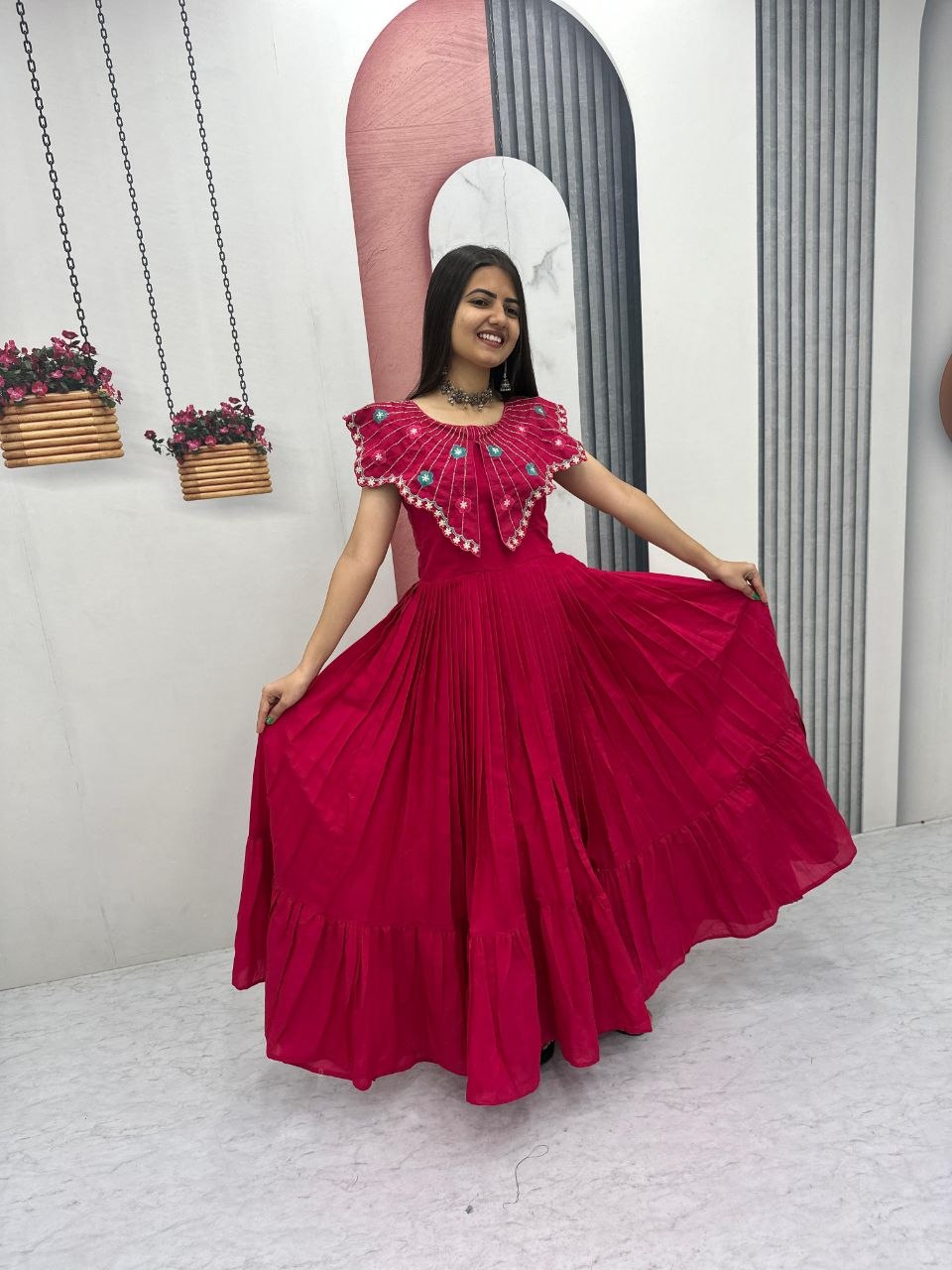 Designer Roman Fabric Gown with Heavy Embroidery & Khatli Work