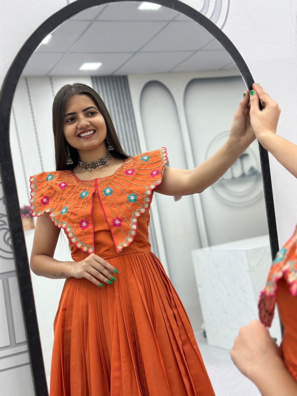 Designer Roman Fabric Gown with Heavy Embroidery & Khatli Work