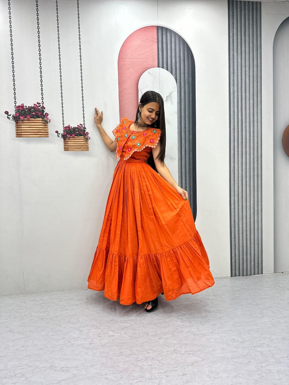 Designer Roman Fabric Gown with Heavy Embroidery & Khatli Work