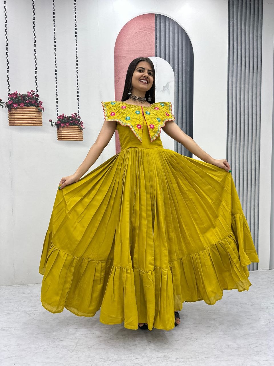 Designer Roman Fabric Gown with Heavy Embroidery & Khatli Work