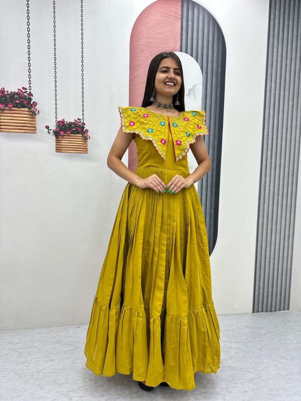 Roman Fabric Gown with Heavy Embroidery & Khatli Work