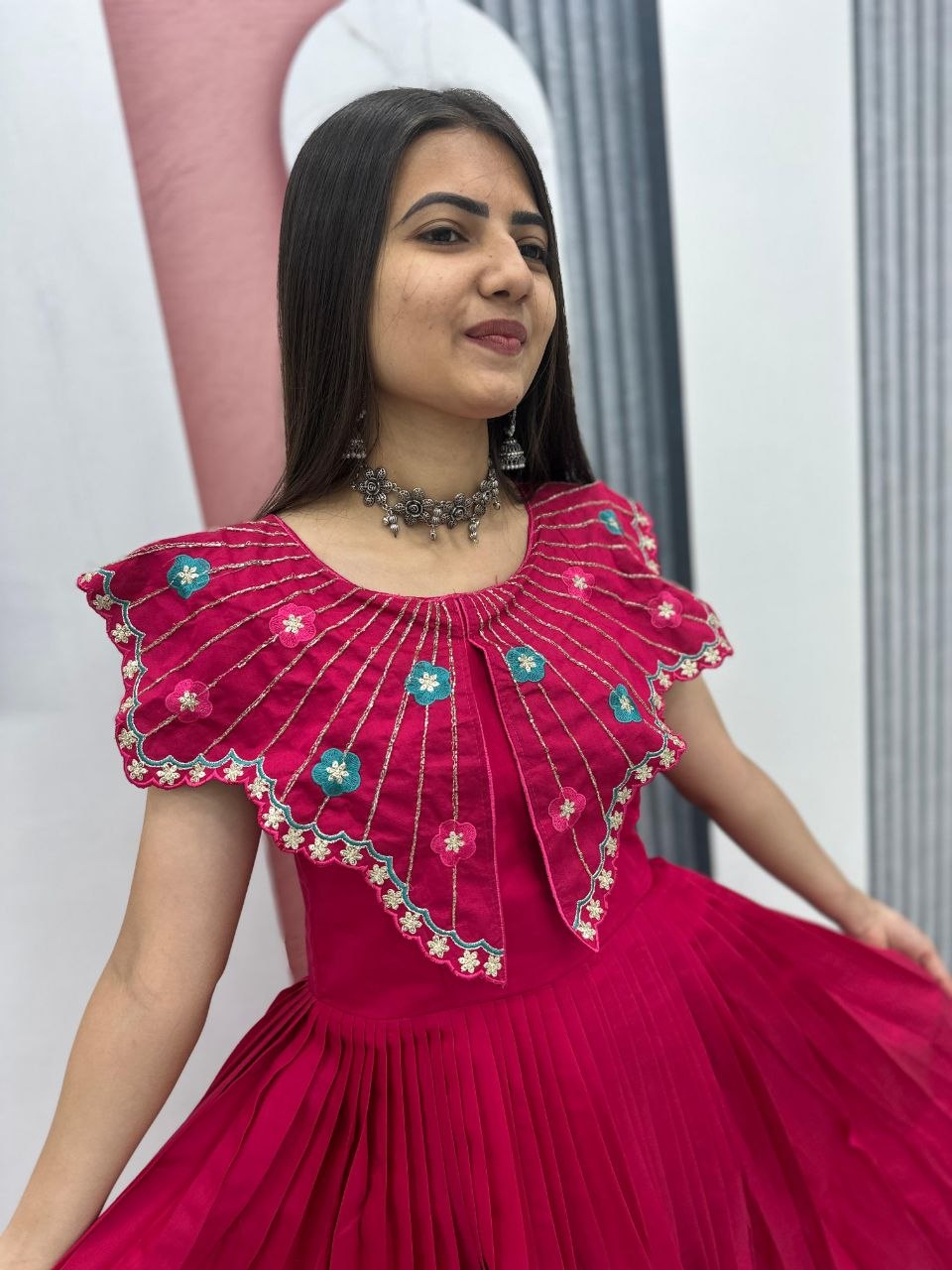 Roman Fabric Gown with Heavy Embroidery & Khatli Work