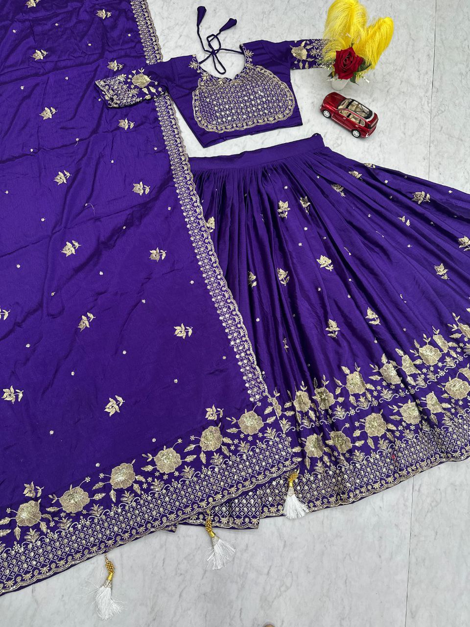 Embroidered Chinon Lehenga Choli Set with Fancy Dupatta