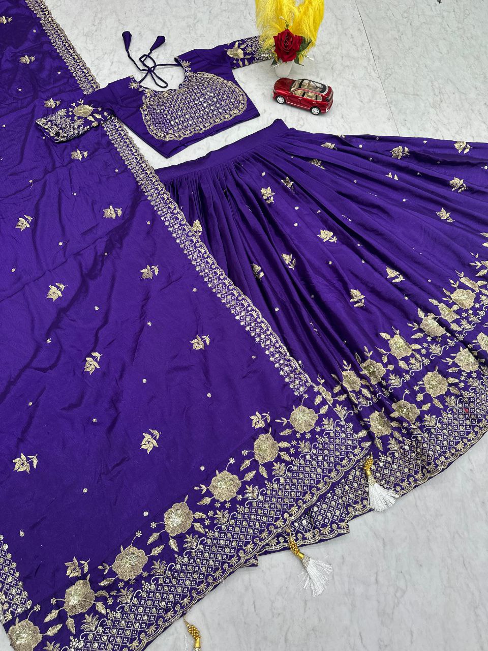 Embroidered Chinon Lehenga Choli Set with Fancy Dupatta