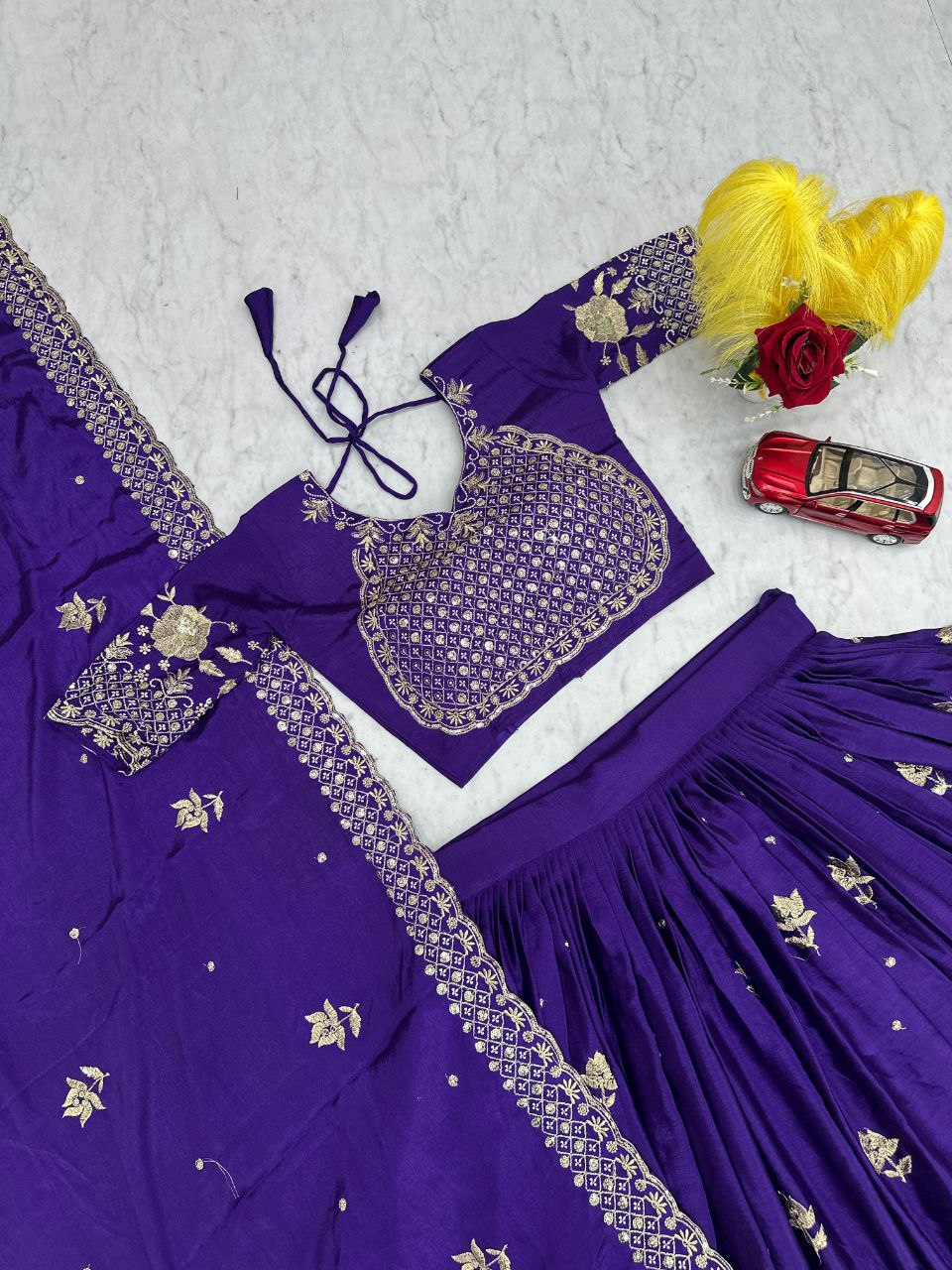 Embroidered Chinon Lehenga Choli Set with Fancy Dupatta