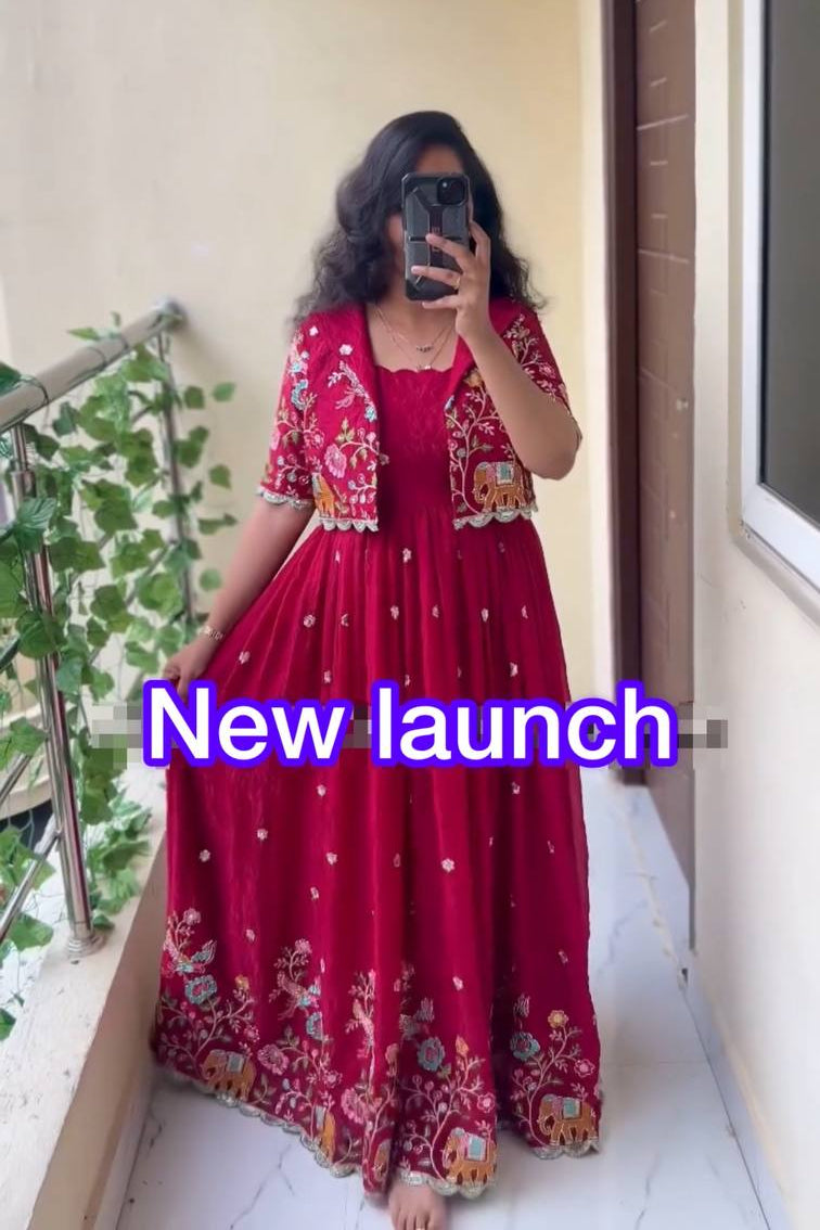 Designer Crepe Silk Embroidered Gown with Jacket – Elegant Festive & Wedding Wear