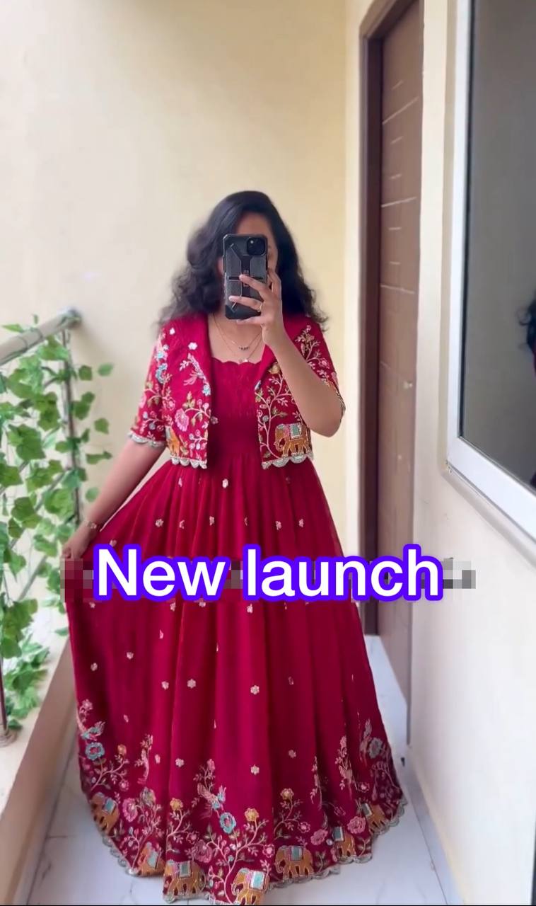 Crepe Silk Embroidered Gown with Jacket – Elegant Festive & Wedding Wear