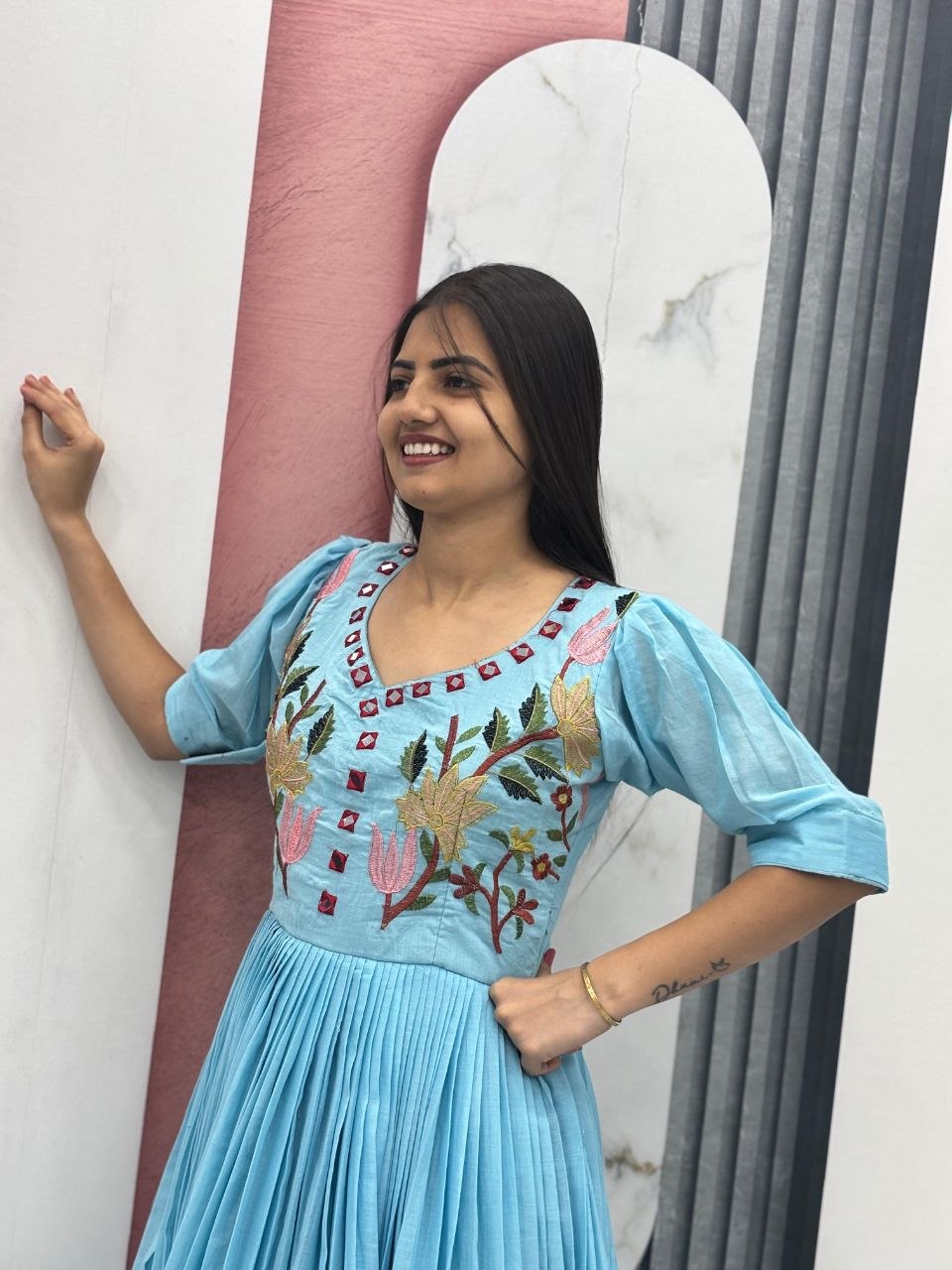 Designer Mal Cotton Gown with Heavy Thread & Hand Mirror Work