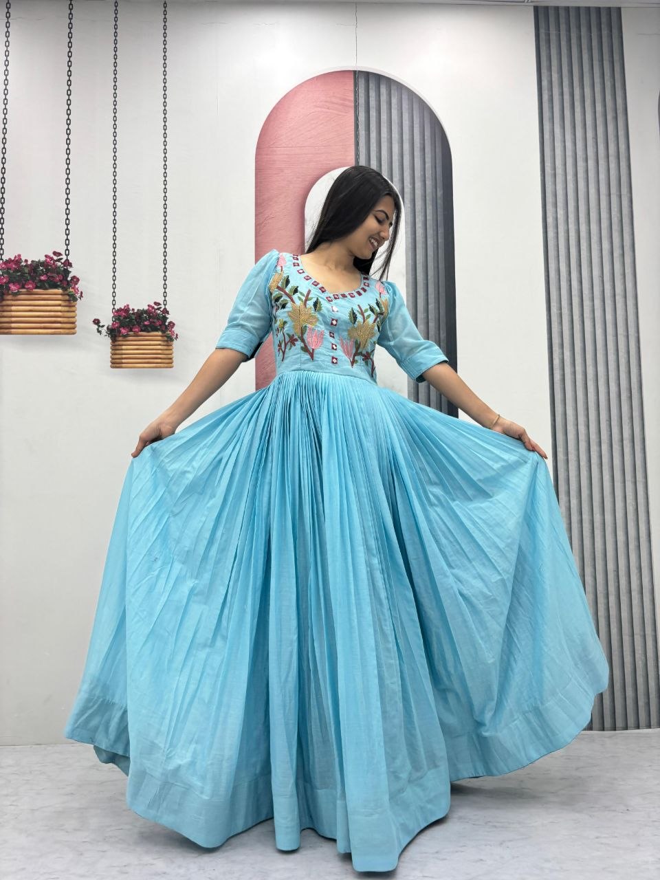 Designer Mal Cotton Gown with Heavy Thread & Hand Mirror Work