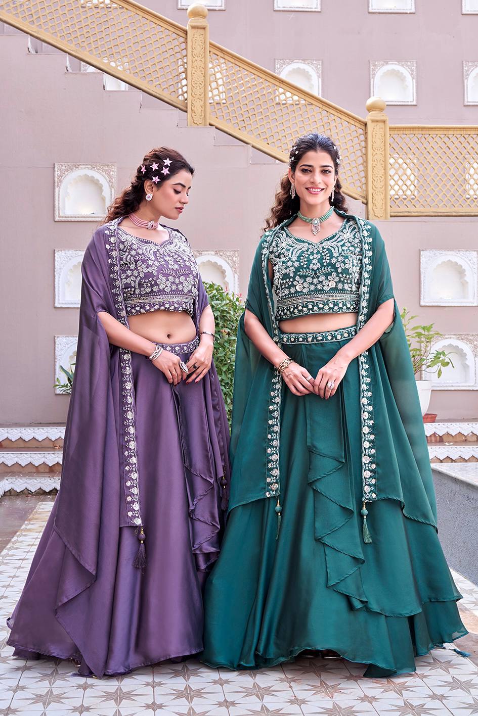 Royal Rangoli Silk Embroidered Lehenga Choli with Shrug Dupatta