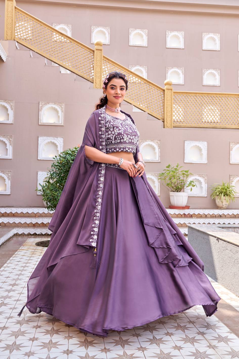 Royal Rangoli Silk Embroidered Lehenga Choli with Shrug Dupatta