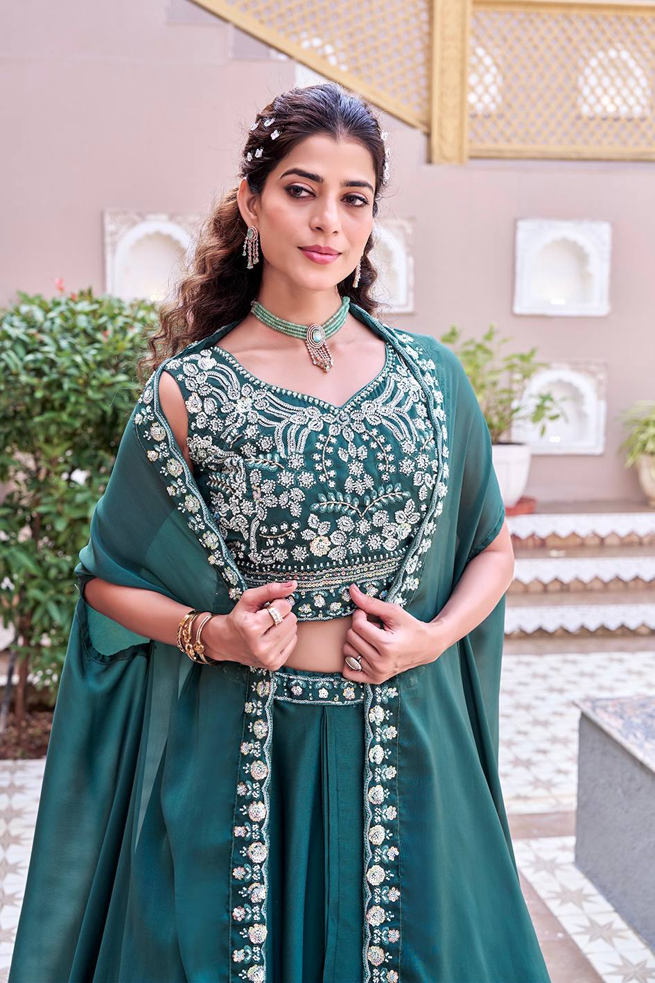 Royal Rangoli Silk Embroidered Lehenga Choli with Shrug Dupatta