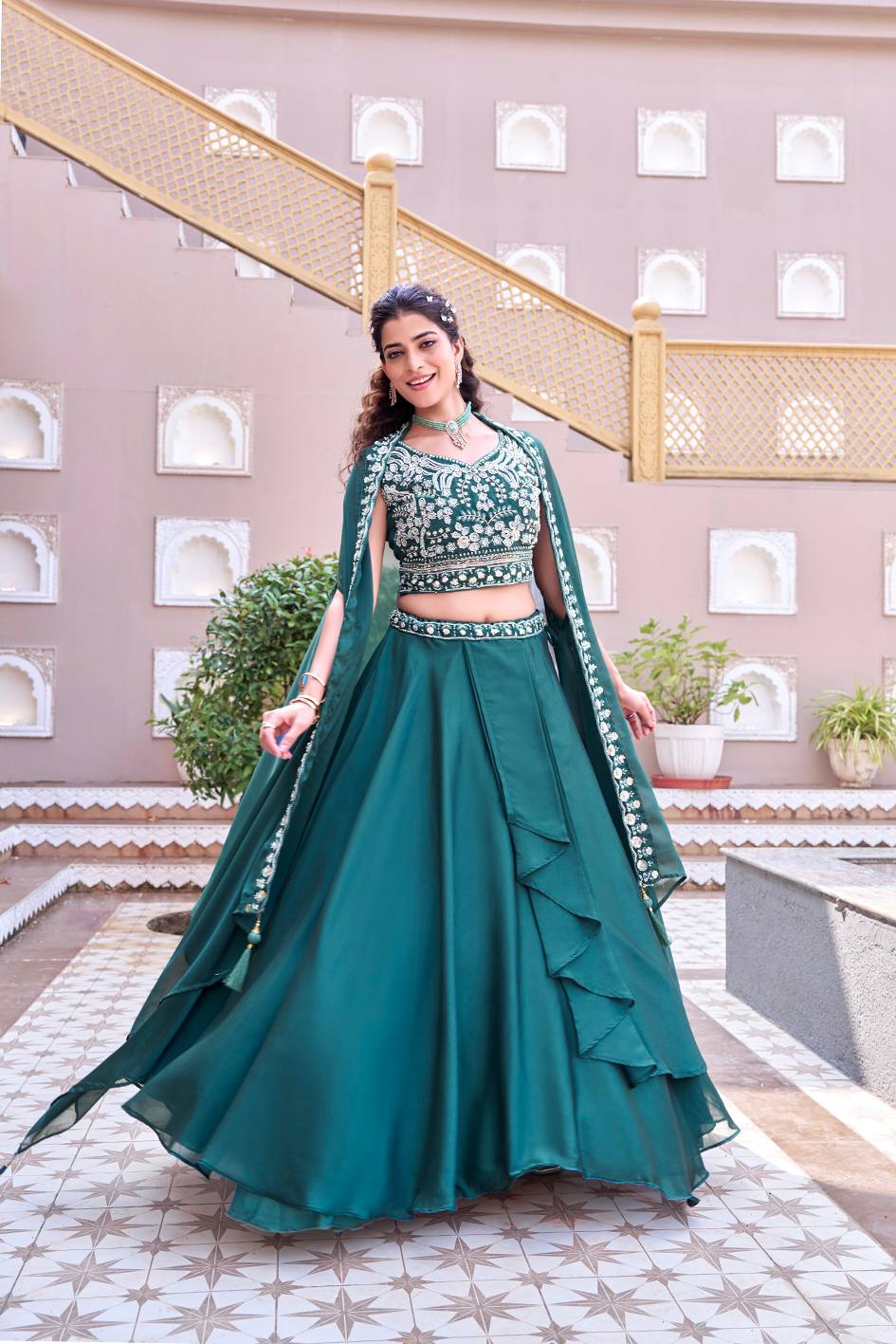 Royal Rangoli Silk Embroidered Lehenga Choli with Shrug Dupatta