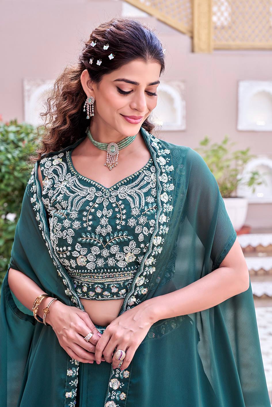 Royal Rangoli Silk Embroidered Lehenga Choli with Shrug Dupatta