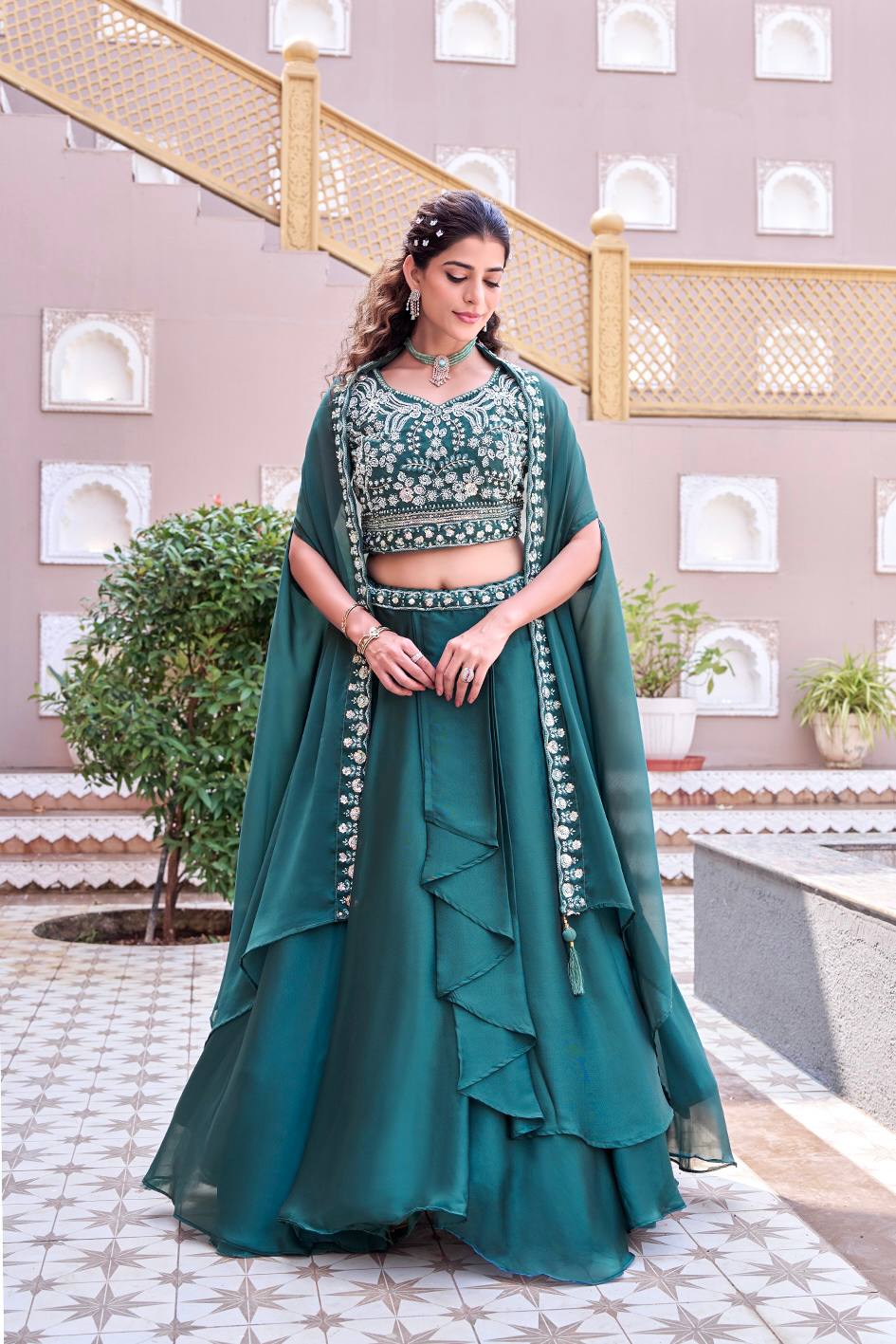 Royal Rangoli Silk Embroidered Lehenga Choli with Shrug Dupatta