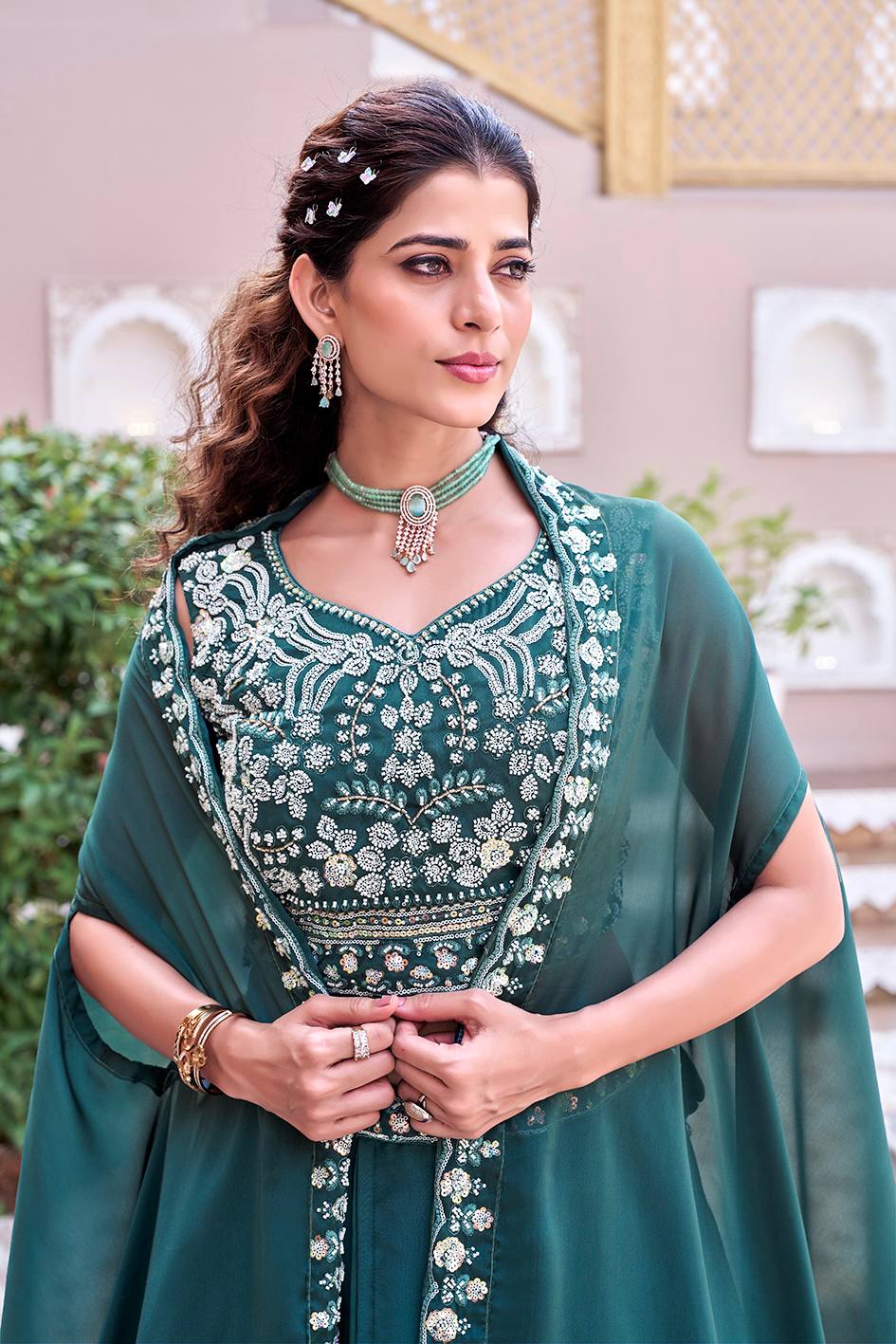 Royal Rangoli Silk Embroidered Lehenga Choli with Shrug Dupatta