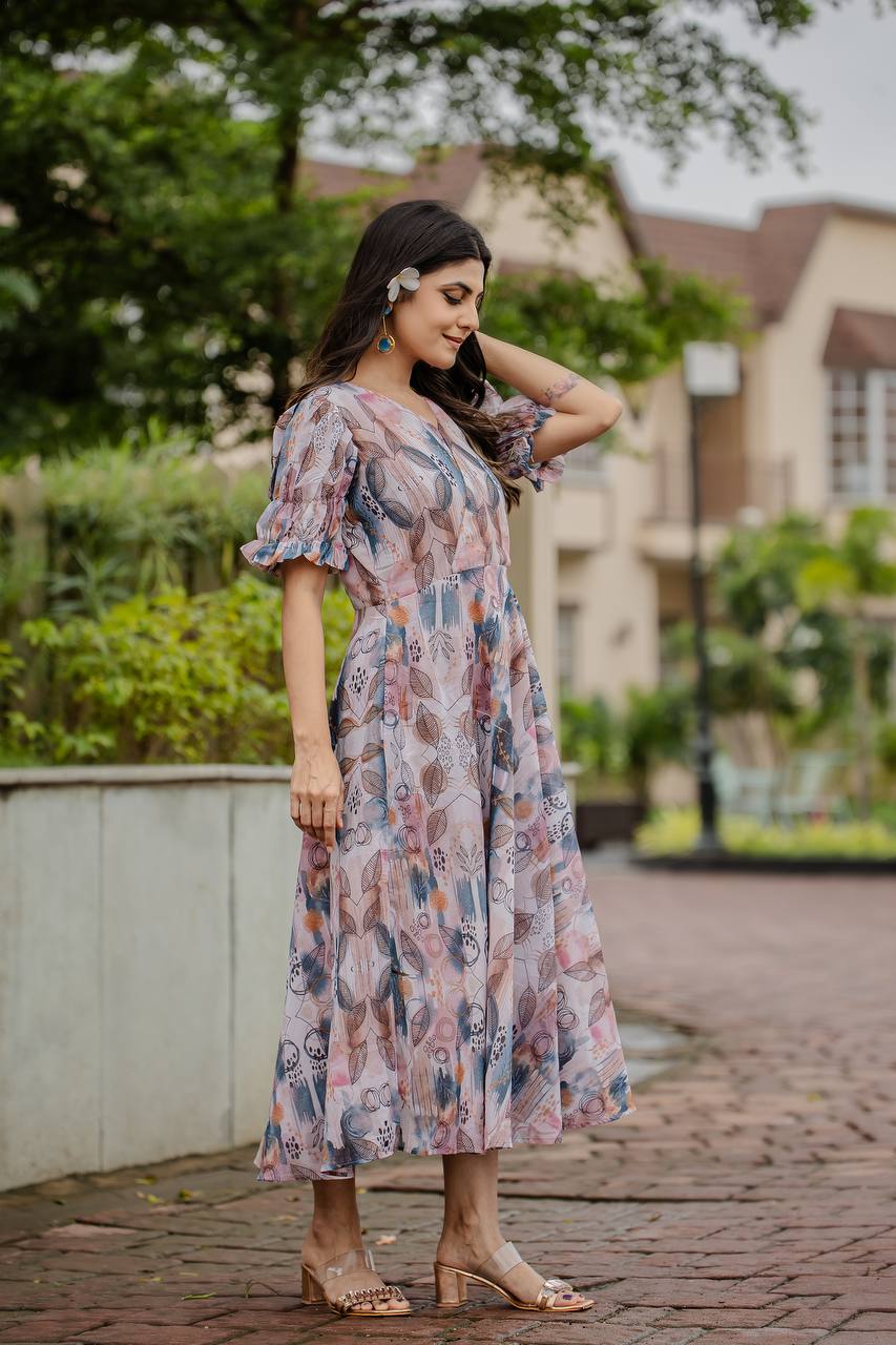 Georgette Floral & Geometric Digital Print Gown