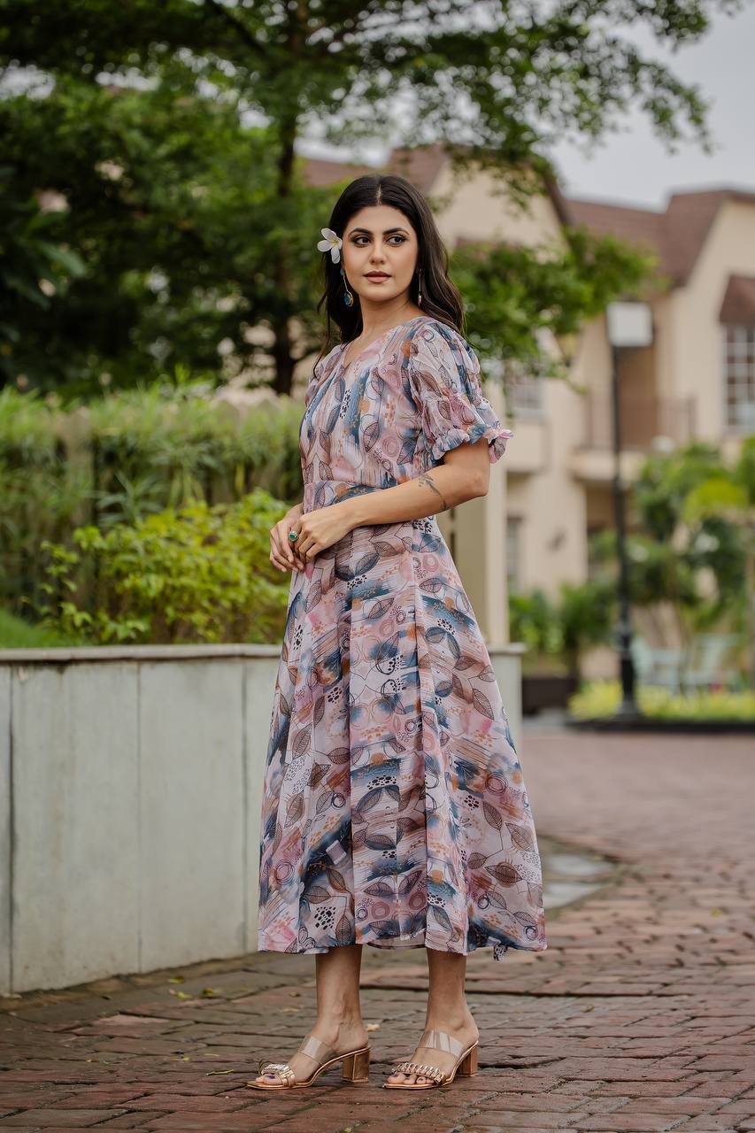 Georgette Floral & Geometric Digital Print Gown