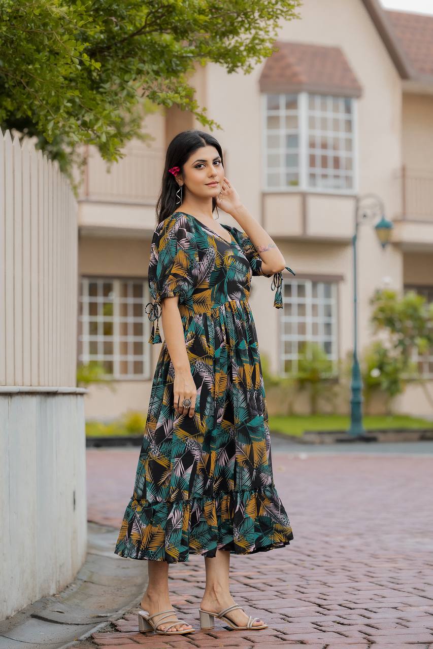 Women’s Premium Faux Georgette Floral & Geometric Digital Print Gown with 4 Meter Flair