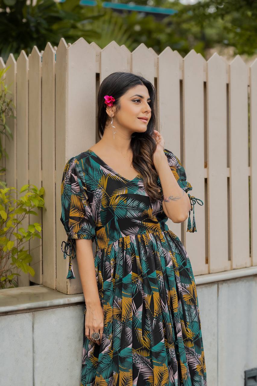 Women’s Premium Faux Georgette Floral & Geometric Digital Print Gown with 4 Meter Flair