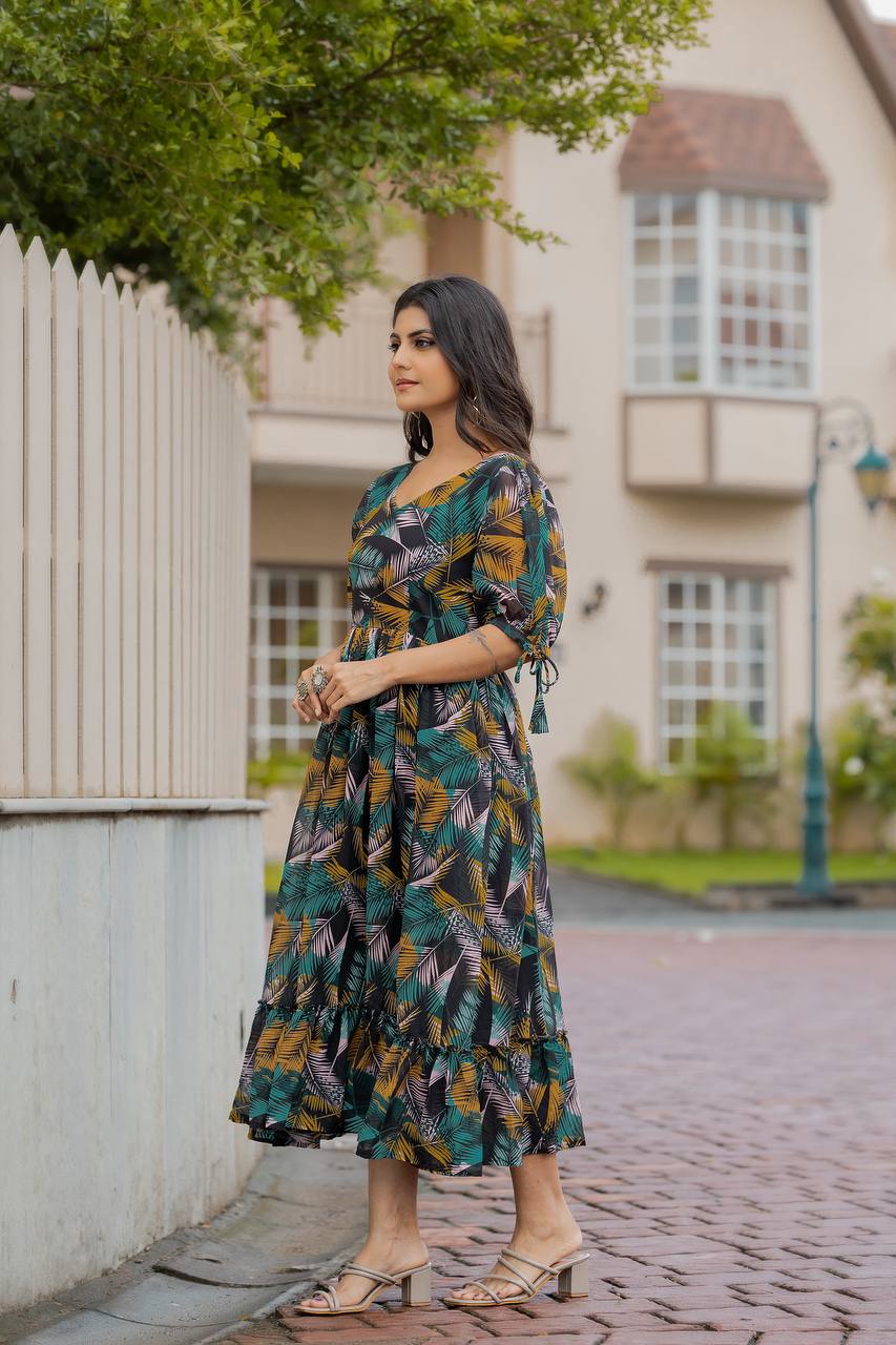 Georgette Floral & Geometric Digital Print Gown with 4 Meter Flair