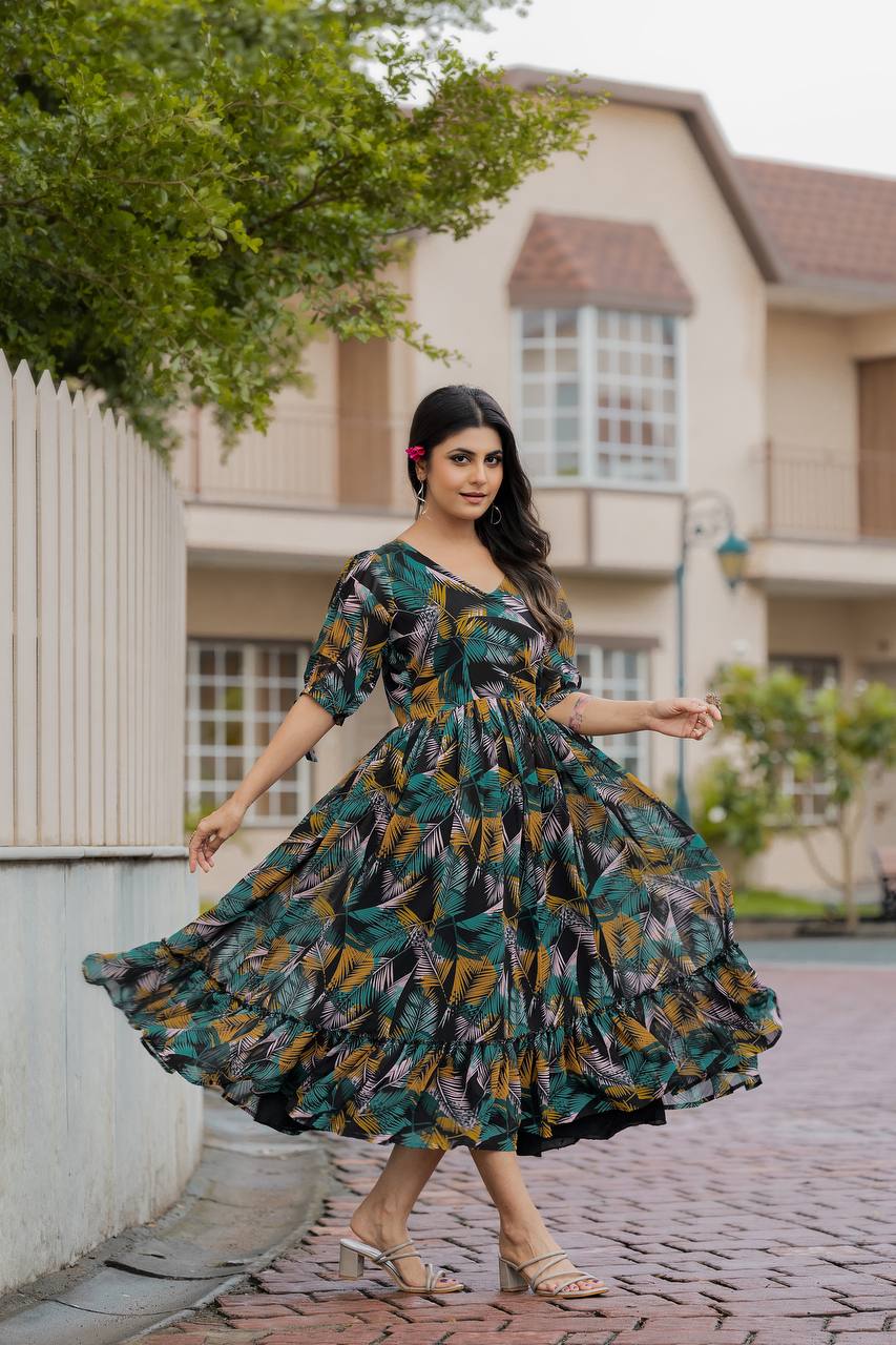 Georgette Floral & Geometric Digital Print Gown with 4 Meter Flair