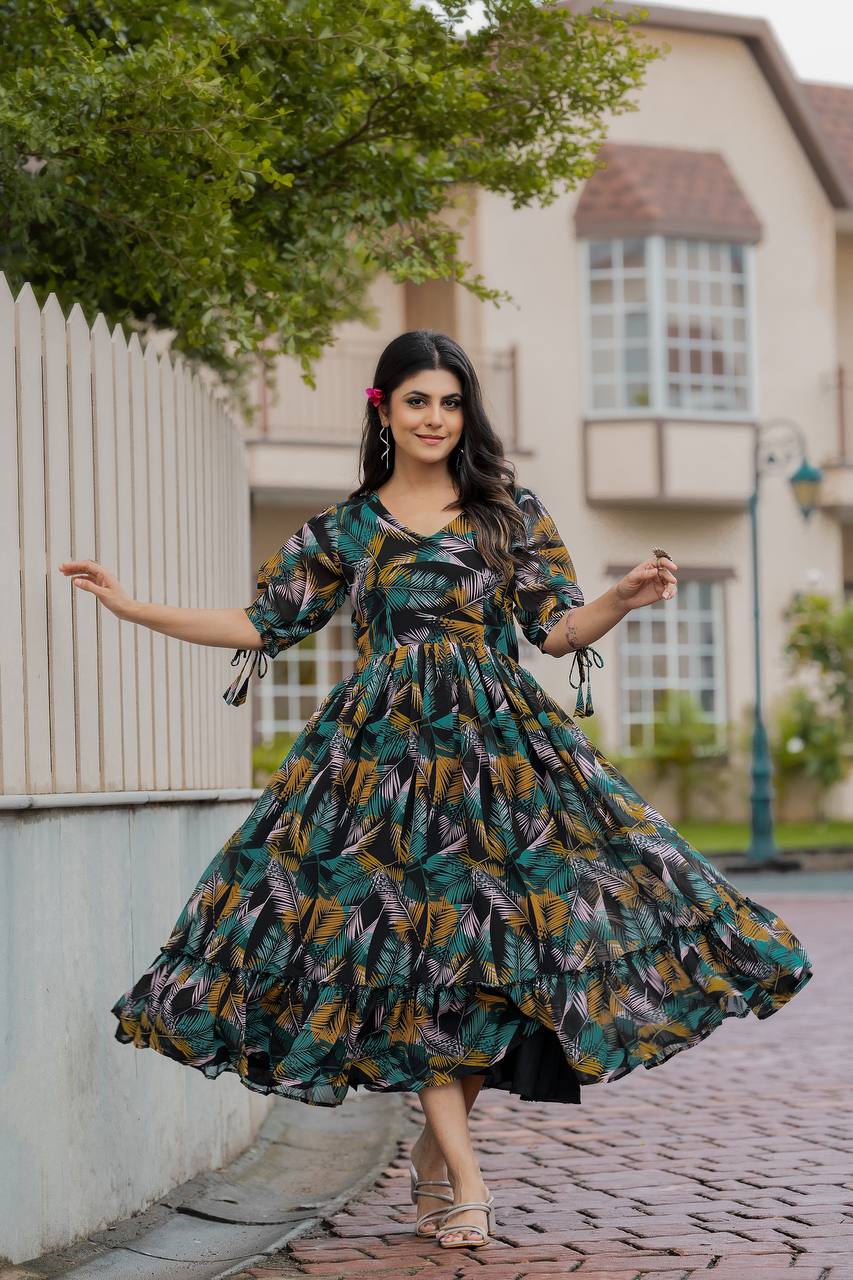 Georgette Floral & Geometric Digital Print Gown with 4 Meter Flair
