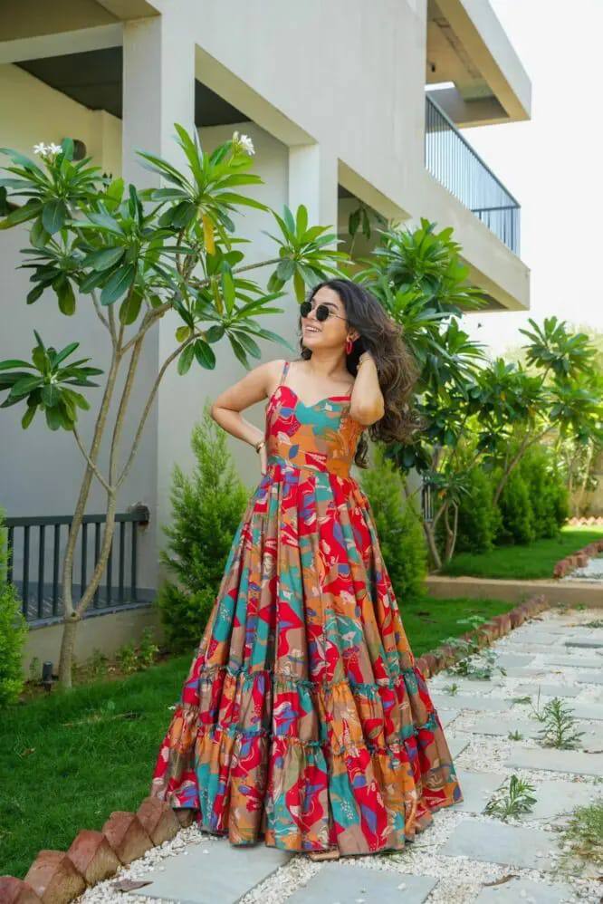 Muslin Printed Designer Gown with Frill Work