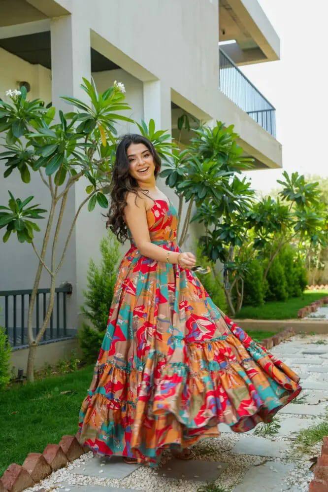 Muslin Printed Designer Gown with Frill Work