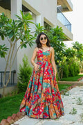 Muslin Printed Designer Gown with Frill Work