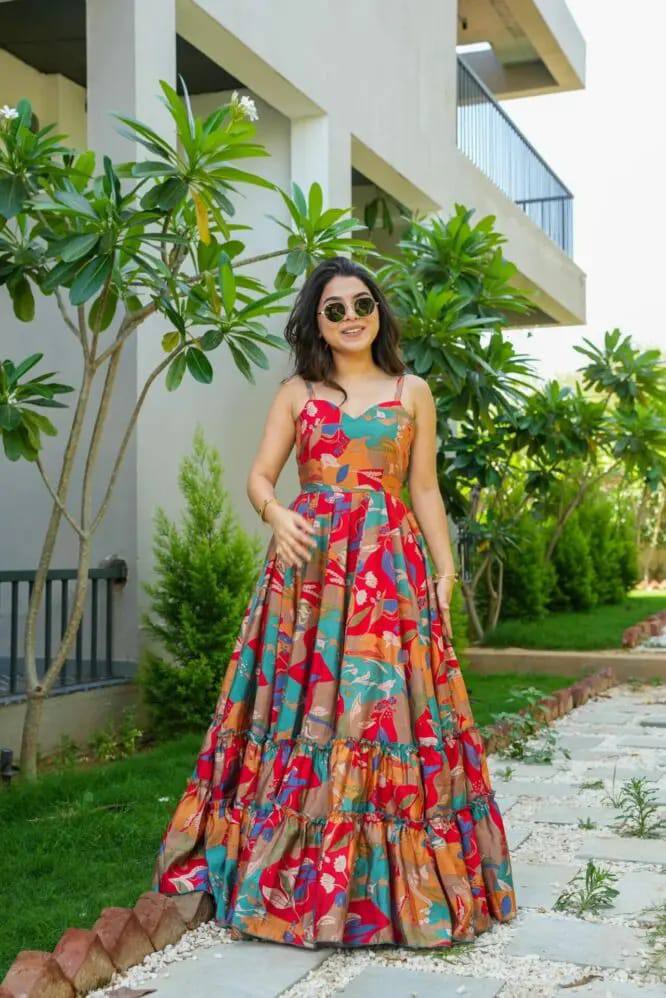 Muslin Printed Designer Gown with Frill Work