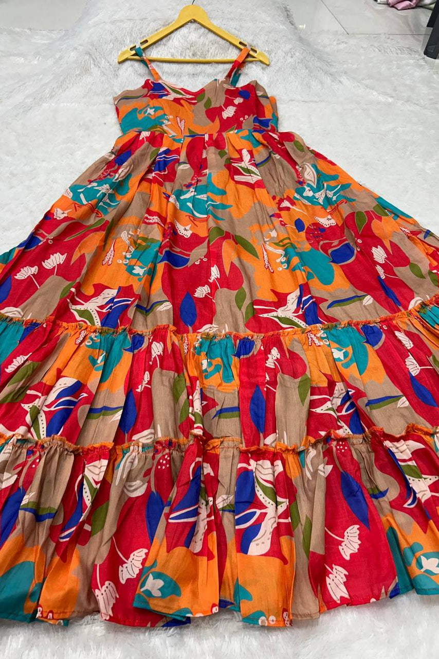 Muslin Printed Designer Gown with Frill Work