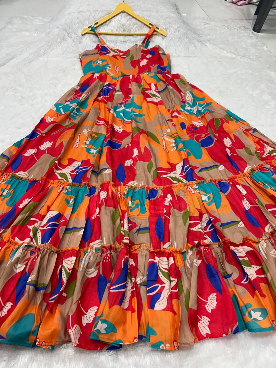 Women’s Premium Muslin Printed Designer Gown with Frill Work